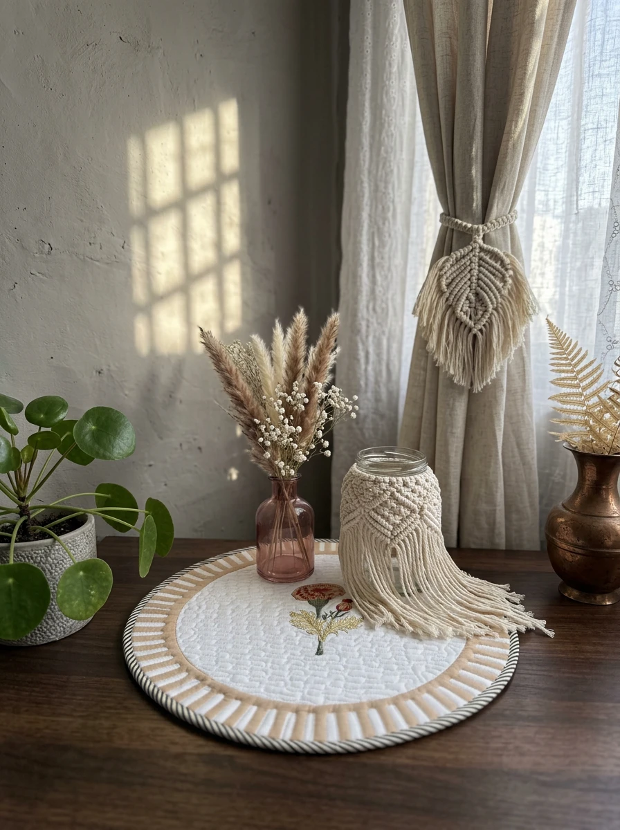 Home decor setup with a round embroidered placemat, dried florals, and macrame accents on a dark wooden table.