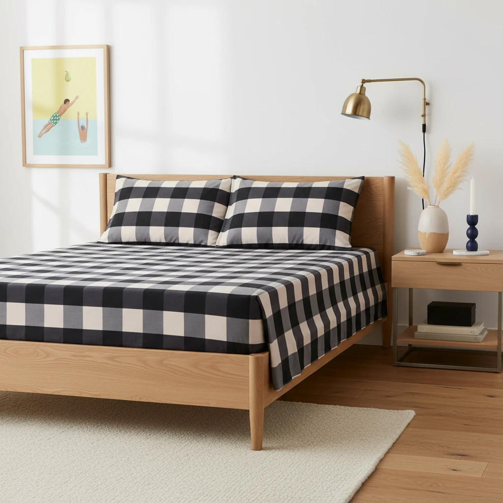 Black and white buffalo check bed sheets on a wooden bed frame in a brightly lit bedroom.