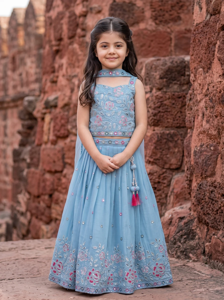 Young girl wearing a light blue embroidered lehenga choli with floral patterns and a sheer dupatta standing against a stone wall.