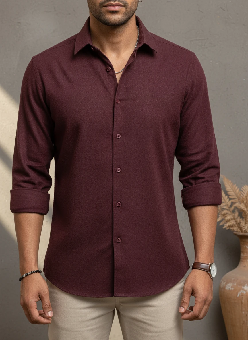 Man wearing a long-sleeve burgundy collared shirt with rolled-up cuffs and beige trousers against a neutral wall.