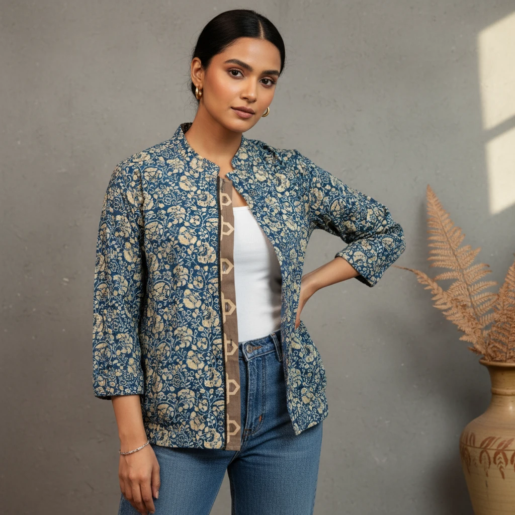 A woman wearing a blue floral printed jacket over a white top and jeans in a studio.