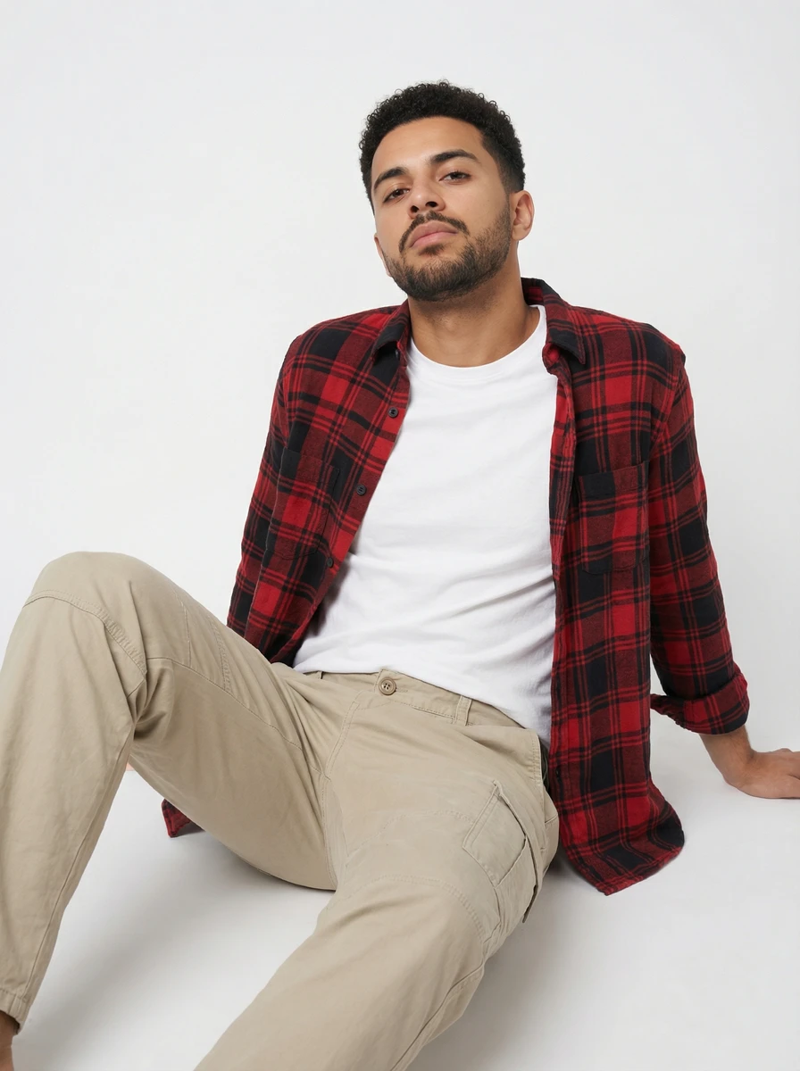 Model sitting on floor in tan Salasar pants, red plaid button-down shirt, and white t-shirt against a white background.