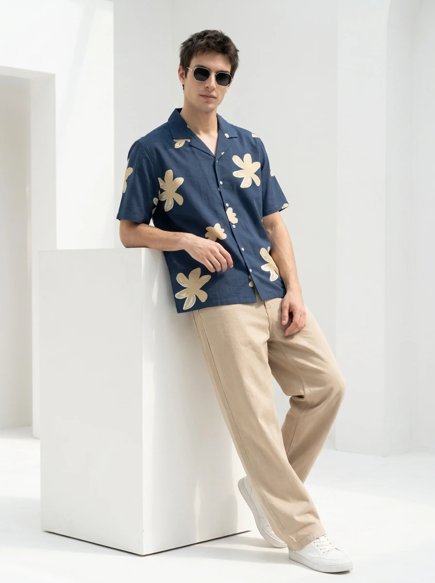 Man wearing a blue short-sleeve shirt with beige floral print and tan trousers.