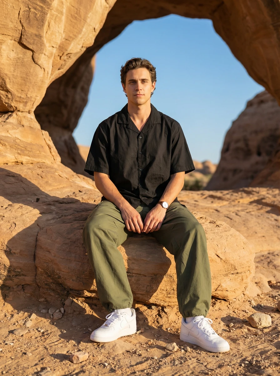 A man in a black short-sleeve button-down shirt and olive trousers sitting on a sandstone arch.