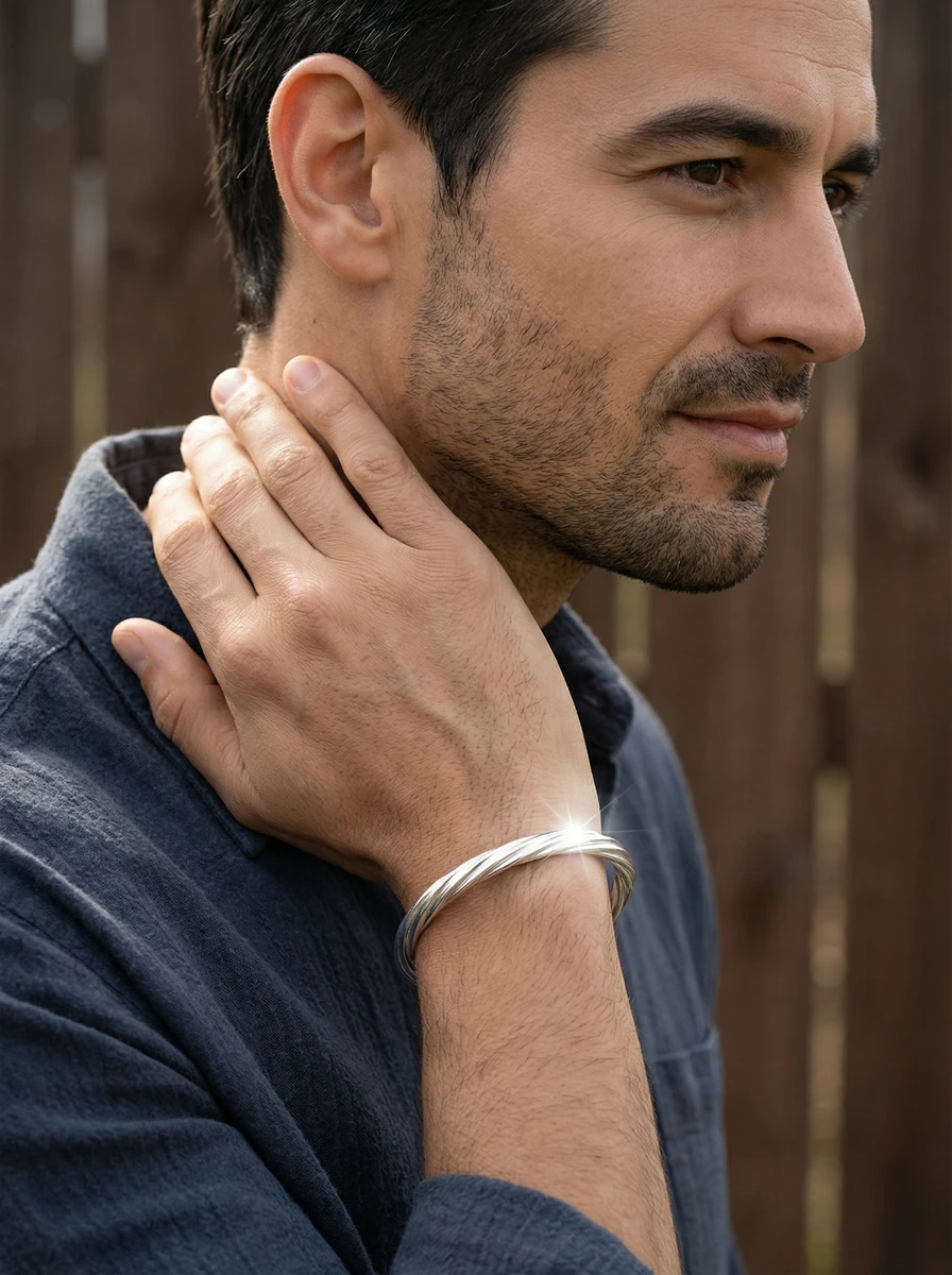 Outdoor lifestyle AI photoshoot of a silver twisted bracelet on a model, for a bracelet brand selling on marketplaces