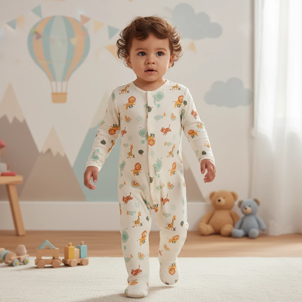 Toddler wearing a cream-colored footed onesie with a playful animal print in a nursery with soft lighting.