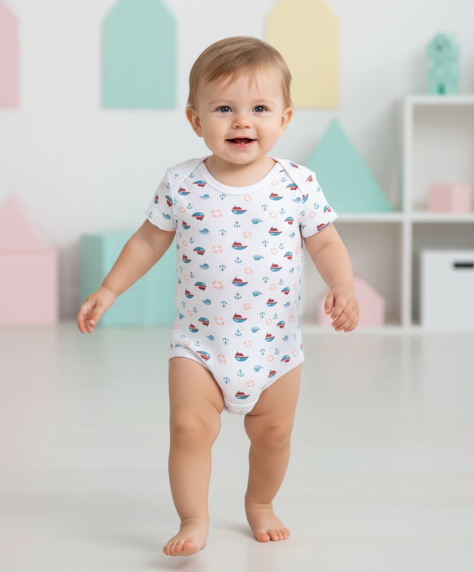 A smiling toddler wears a white short-sleeve bodysuit with a colorful nautical boat and anchor print, standing in a bright room.