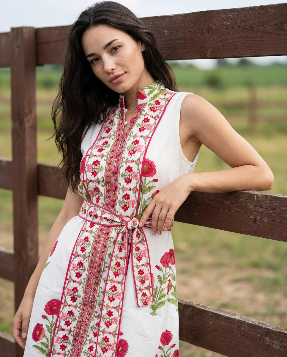 Woman leaning against a wooden fence wearing a white sleeveless dress with pink floral embroidery and a matching tie belt.