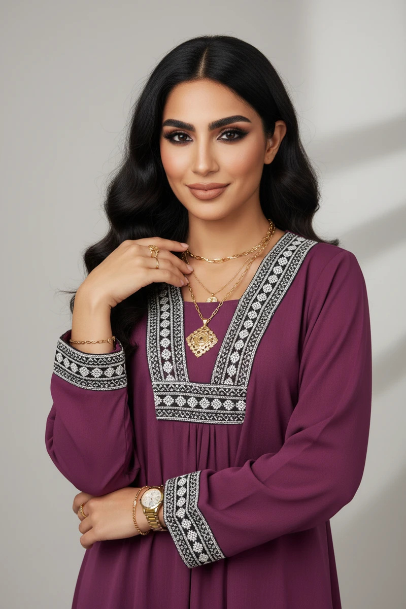 Model wearing a purple Dubai caftan featuring intricate white embroidery along the square neckline and cuffs.