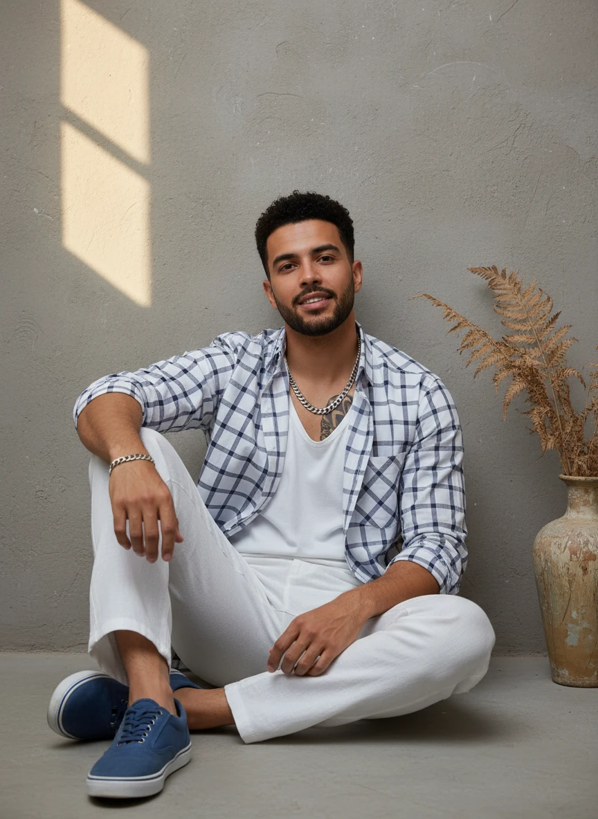 Man wearing a plaid shirt, white t-shirt, and white pants sitting against a gray wall.