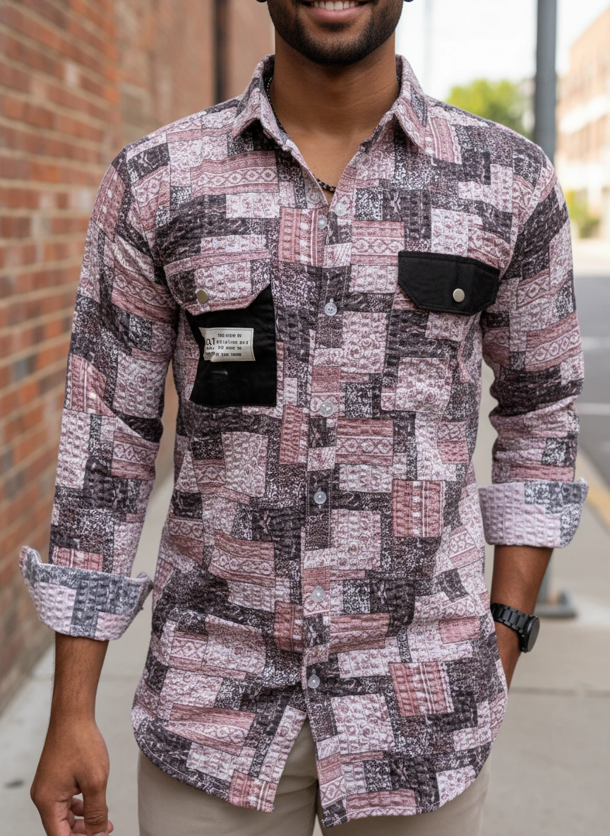 Man wearing a pink and brown patterned long sleeve button down shirt with black chest pockets standing outside.