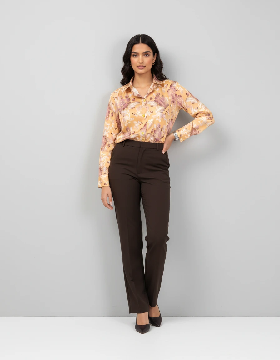 Model standing in a yellow floral satin shirt and brown trousers against a plain gray studio backdrop.