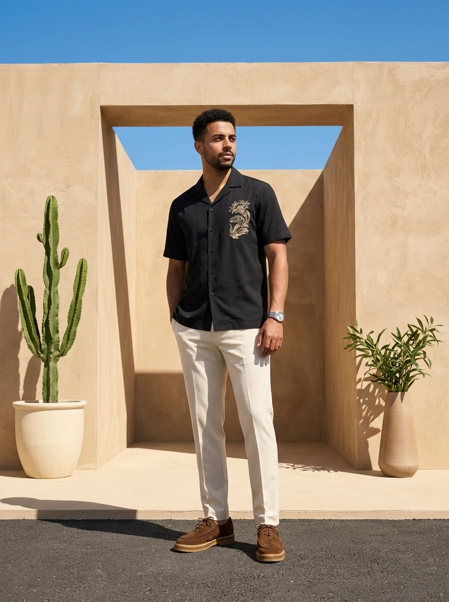 Man wearing a black short-sleeve shirt with floral embroidery and white trousers outdoors.