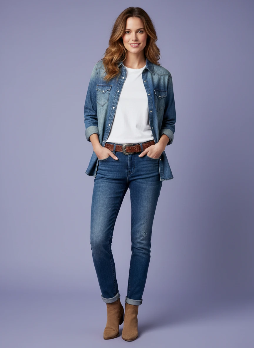 Model wearing a white t-shirt, blue denim shirt, and slim jeans against a purple background.