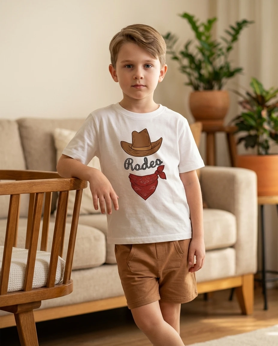 Young boy wearing a white graphic t-shirt with a rodeo cowboy hat design and brown shorts, leaning against a chair indoors.