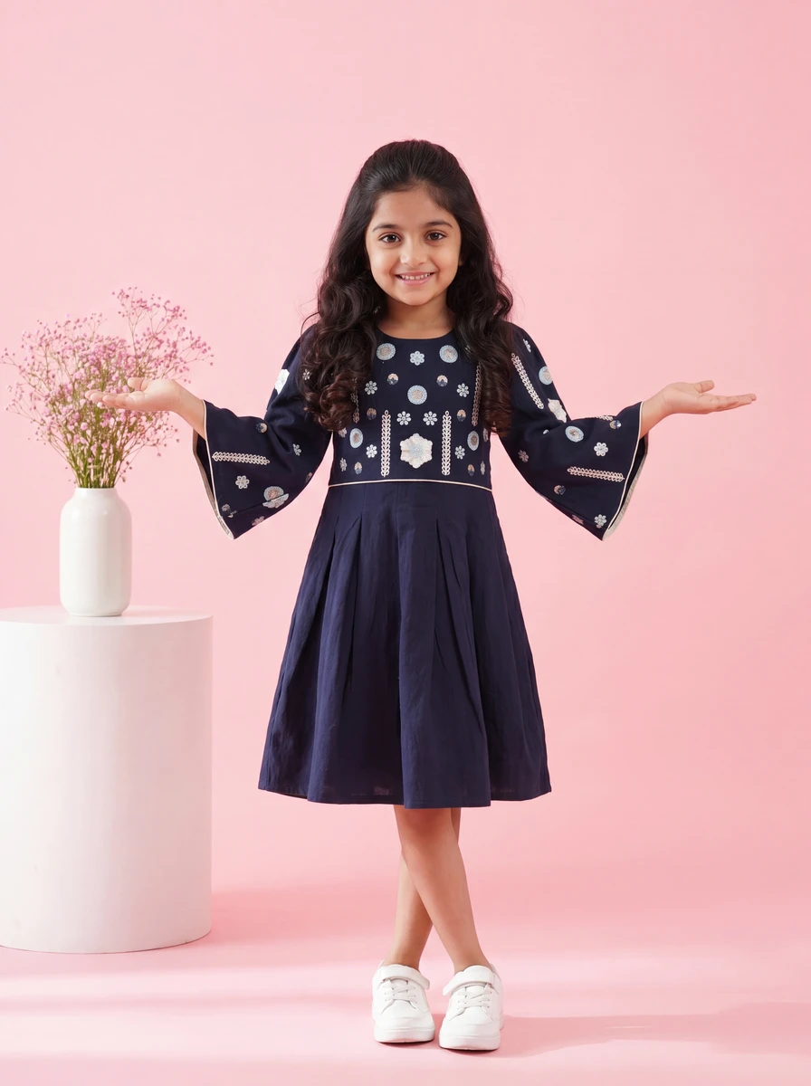A young girl in a navy blue dress with floral embroidery and white sneakers poses in front of a pink backdrop.