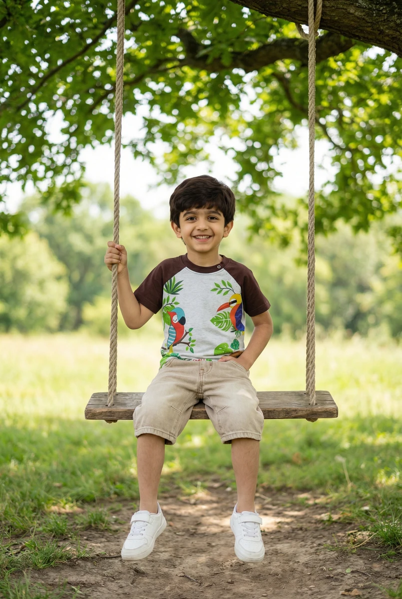 Young boy sitting on a rope swing outdoors, wearing a tropical bird print raglan t-shirt and beige denim shorts.