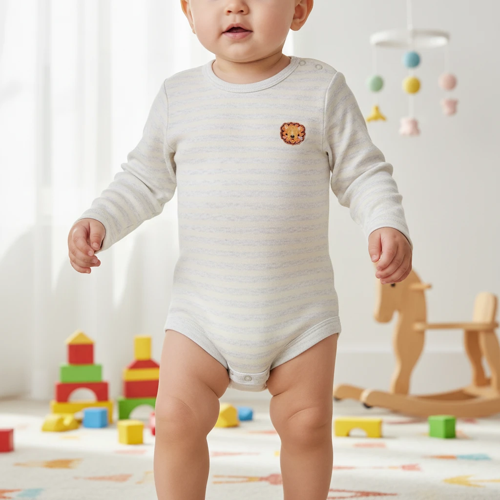 A toddler standing indoors in a nursery wearing a long-sleeve grey and white striped bodysuit with a small lion patch on the chest.