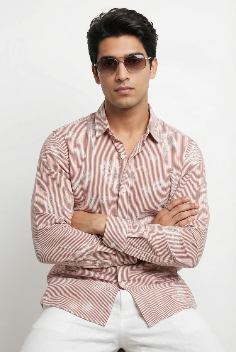 Man wearing a pink and white striped long-sleeve shirt with floral patterns and sunglasses.