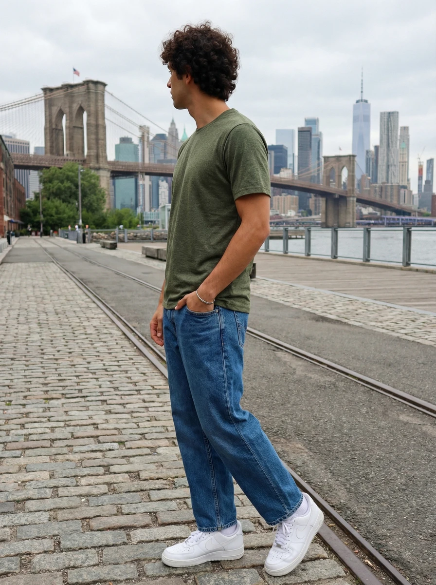 Man wearing an olive green t-shirt and blue jeans standing on a cobblestone path overlooking the New York City skyline.