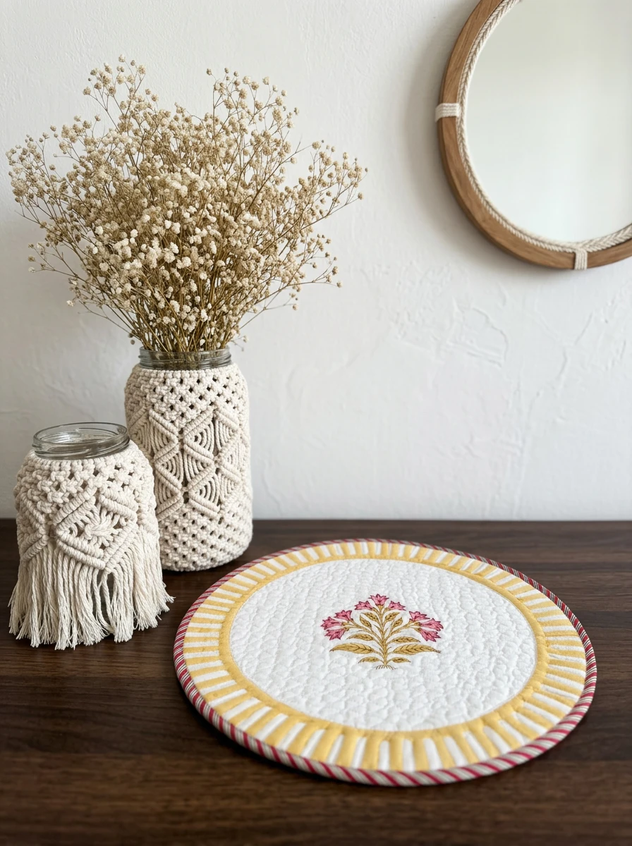 Round quilted table mat with pink floral print and yellow border on wood surface with macrame jars and dried flowers