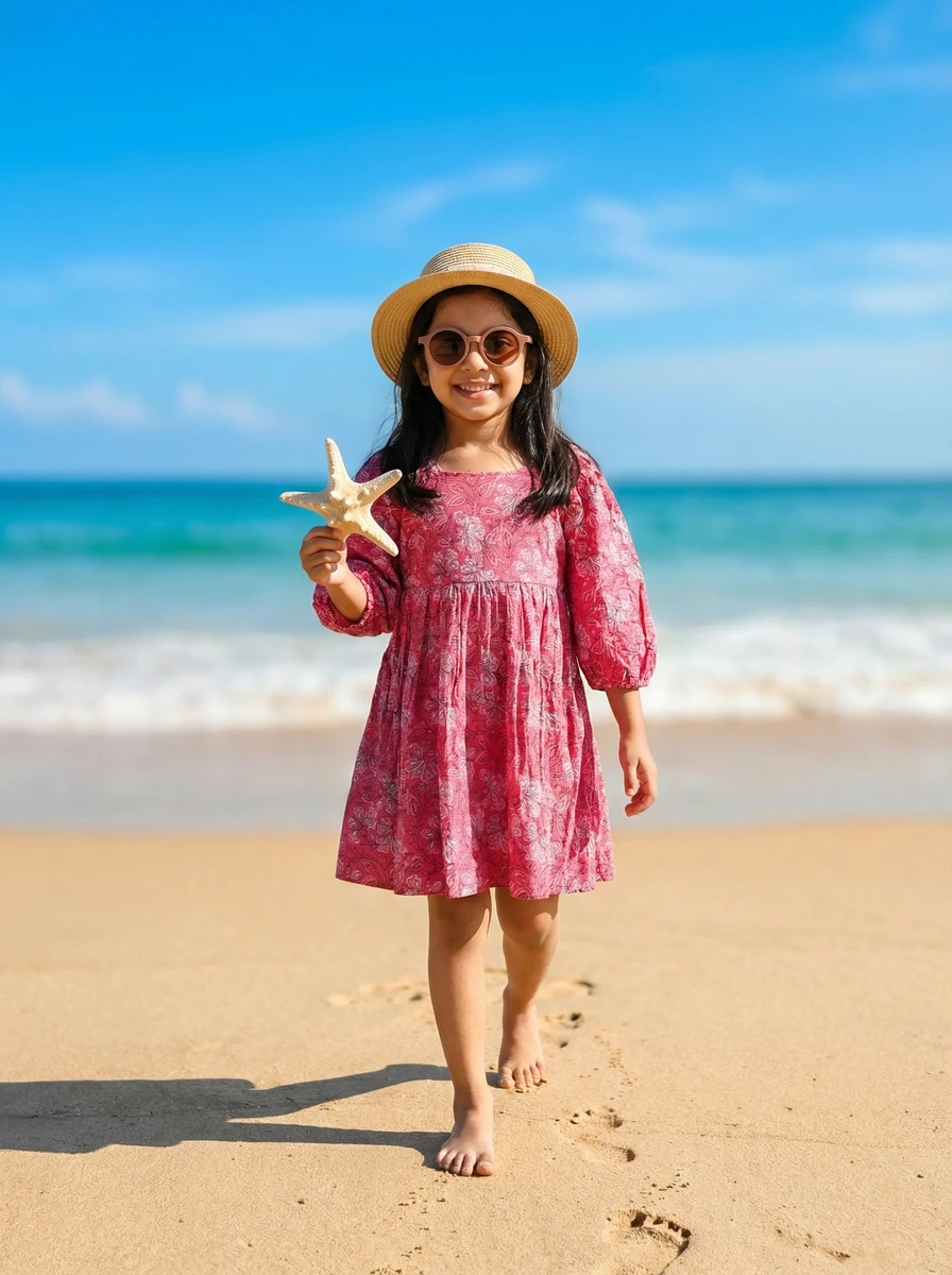 Young girl walking on a sandy beach wearing a pink floral dress, straw hat, and sunglasses while holding a starfish.