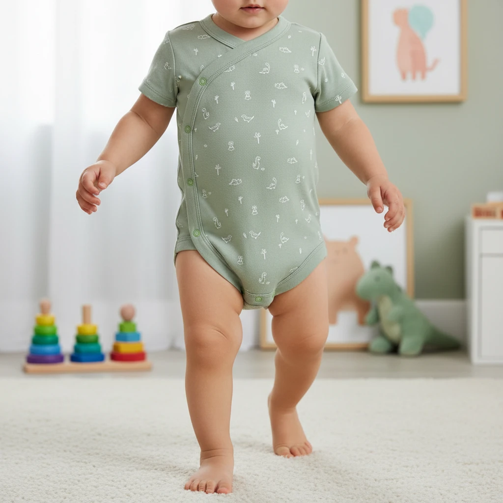 A toddler wearing a sage green crossover bodysuit with white dinosaur prints, standing on a light rug in a nursery.