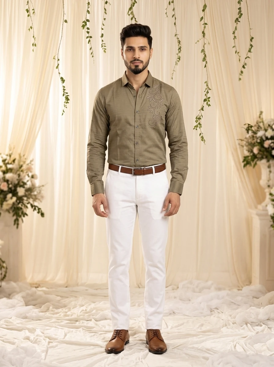 Man wearing an olive green long-sleeve shirt with embroidery paired with white trousers and brown leather shoes.