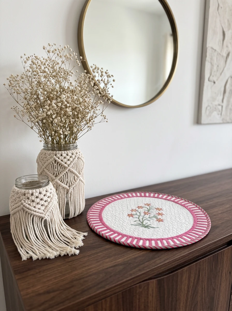 Round quilted placemat with pink striped border and flower embroidery on a wood console with two macrame-wrapped jars.