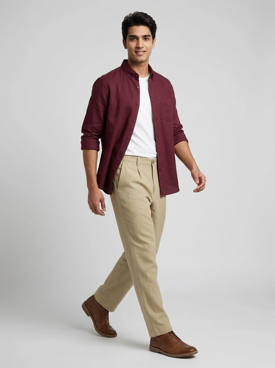 Man wearing a burgundy button-down shirt over a white tee with beige chinos and brown boots against a grey studio backdrop.