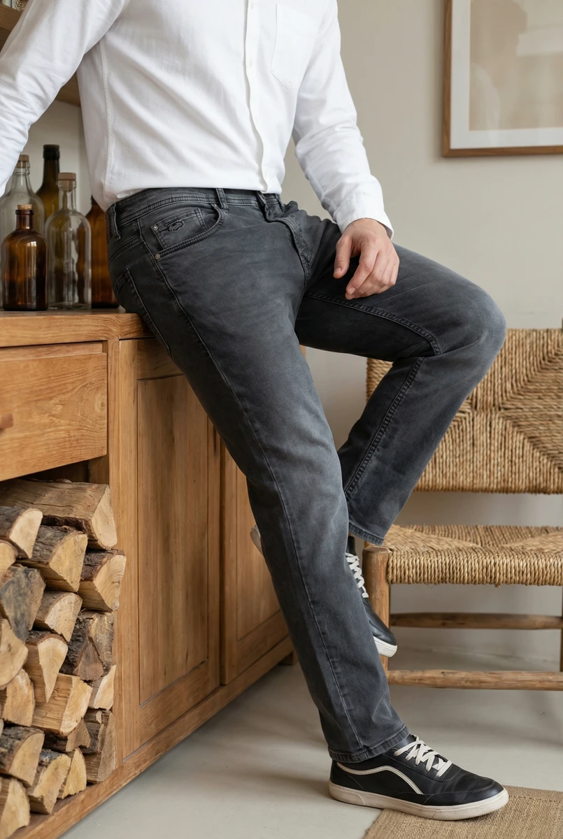 Man wearing charcoal grey slim-fit jeans and a white button-down shirt while leaning against a wooden counter.
