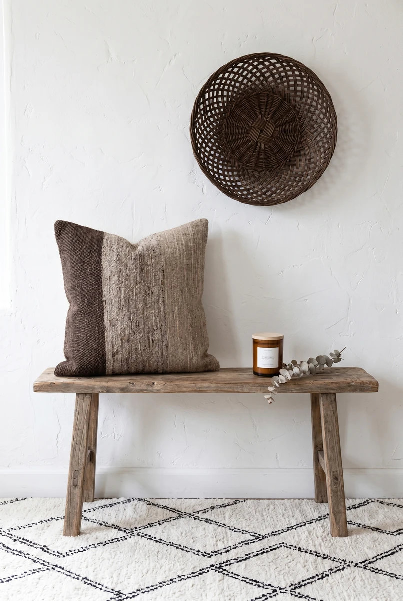 Sanskruti cushion in brown and beige earth tones resting on a rustic wooden bench against a textured white wall.