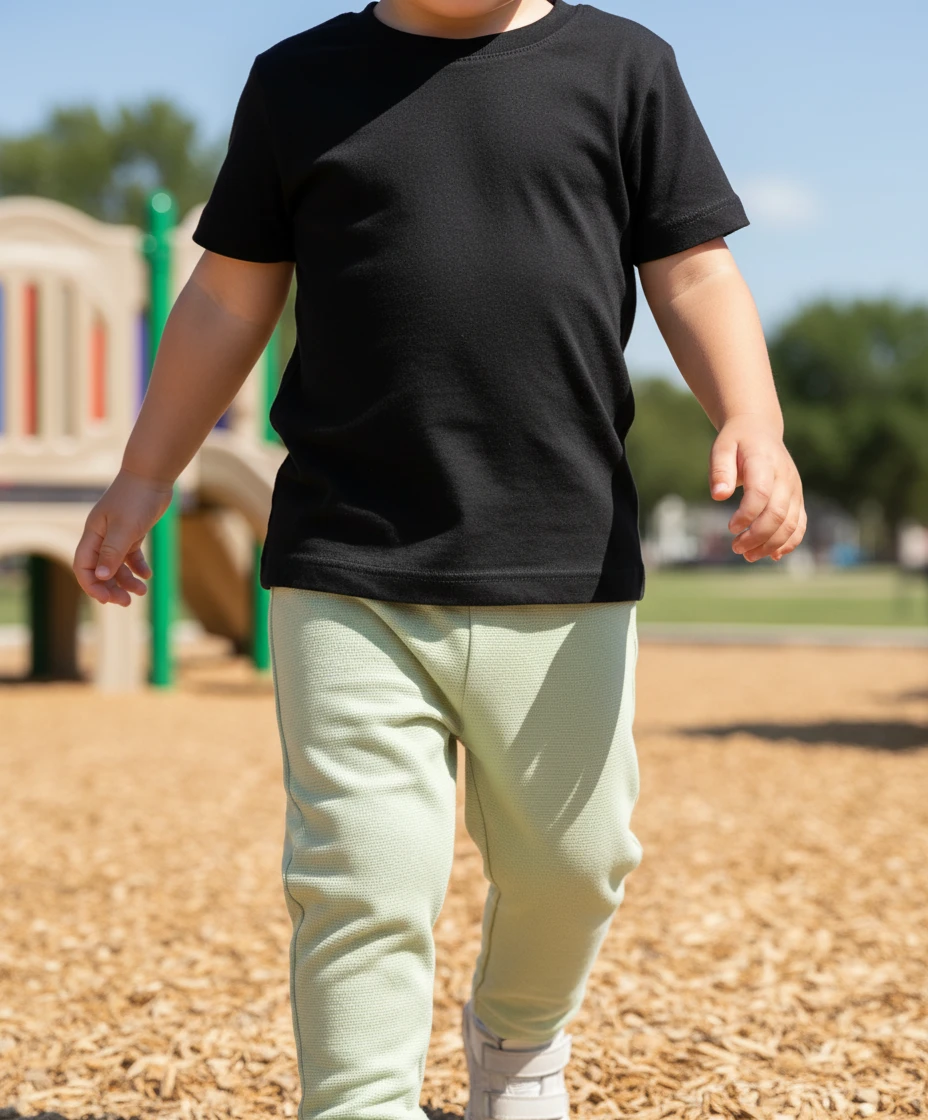 Young child wearing a plain black t-shirt and light green textured pants walking outdoors on a sunny playground.
