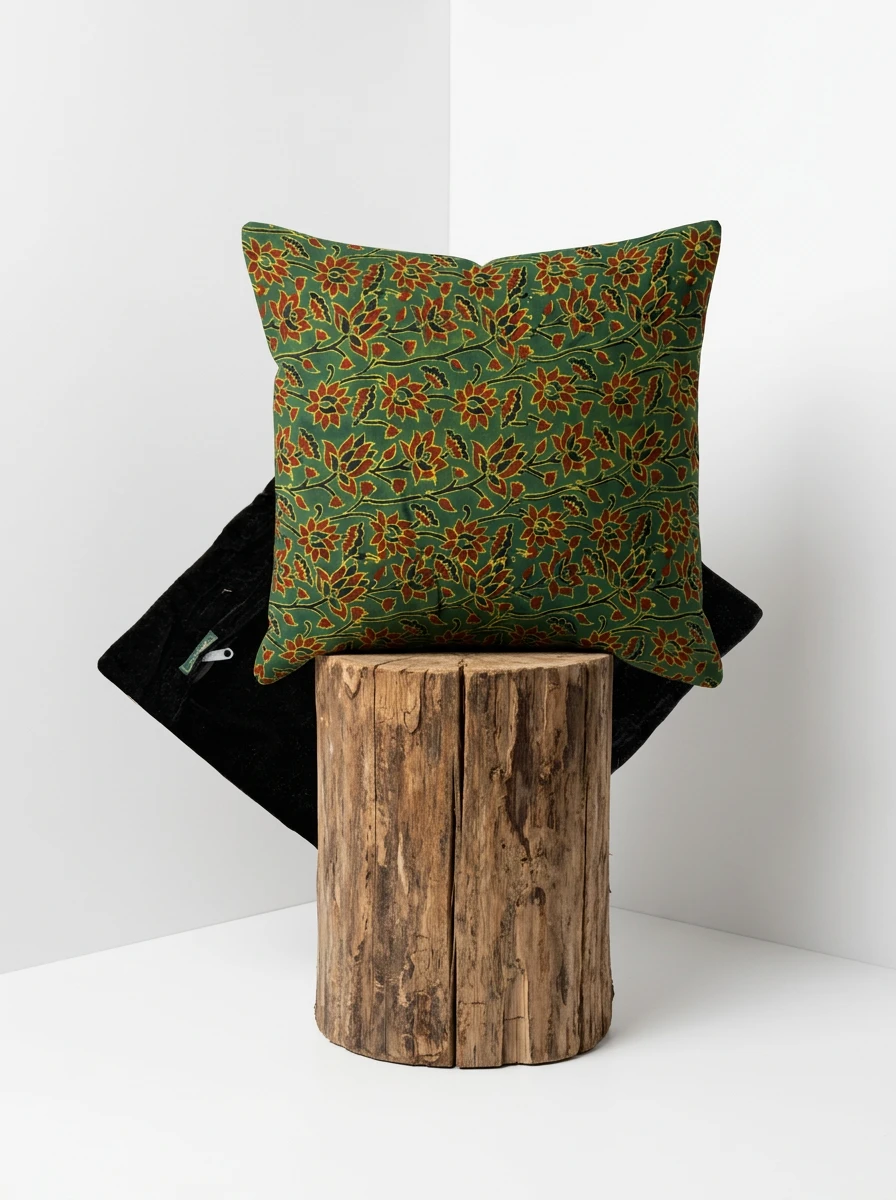 Green cushion with red and yellow floral print resting on a wooden log stool against a white wall.