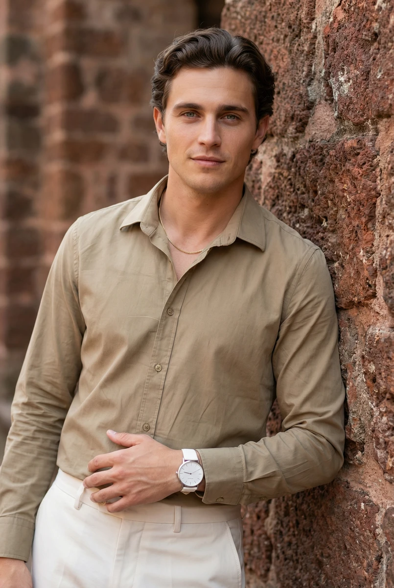 A man wearing a tan long-sleeve button-down shirt and light trousers leaning against a brick wall.