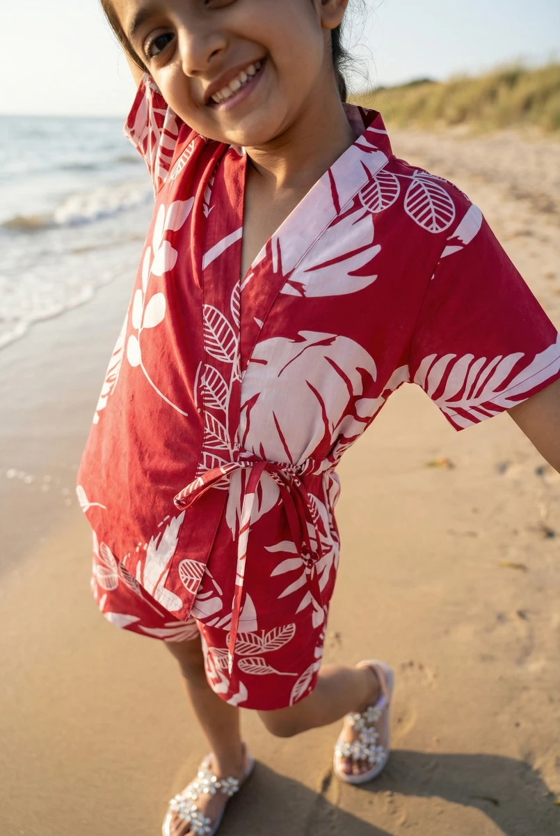 Child smiling on a sandy beach wearing a red and white tropical leaf print wrap top and matching shorts.