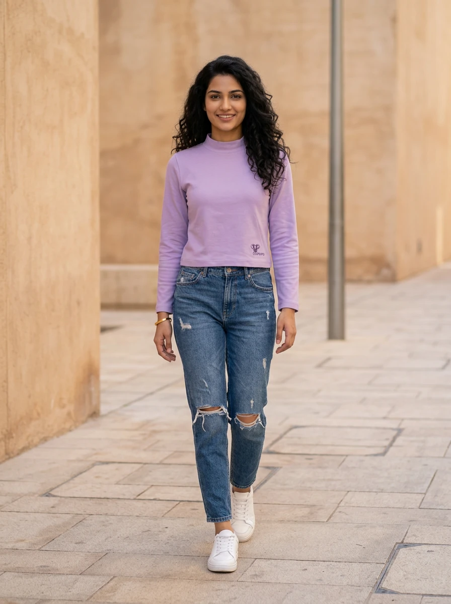 Woman walking on a stone path wearing a purple long-sleeve top, distressed blue jeans, and white sneakers.