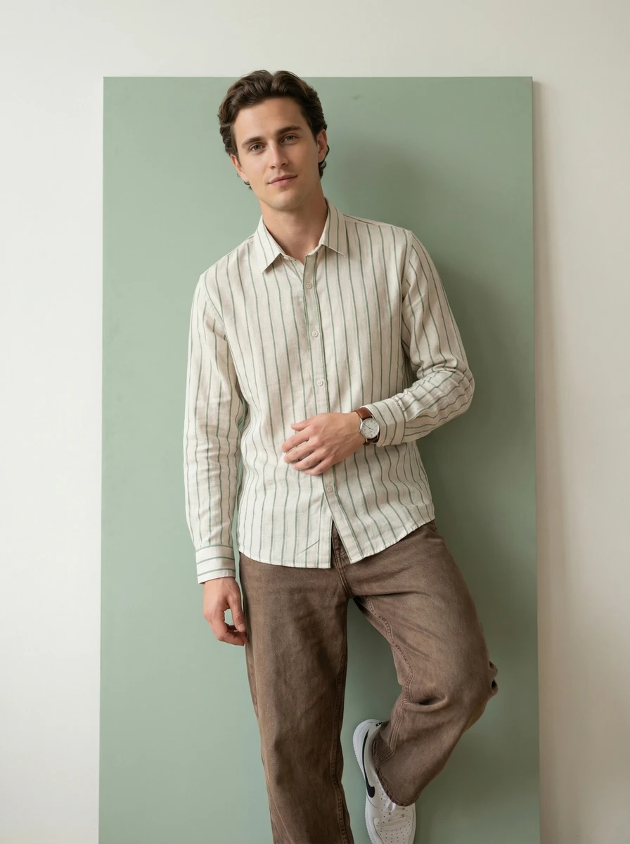 Man standing in a cream and green striped linen shirt and brown pants against a green backdrop.