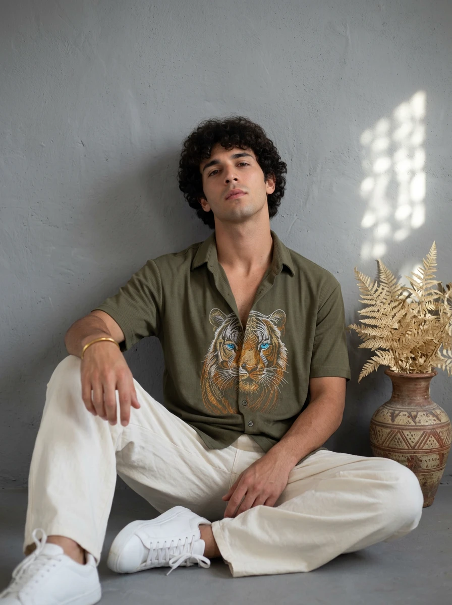 Man wearing an olive green button-up shirt with a tiger graphic and off-white trousers, sitting against a grey wall.