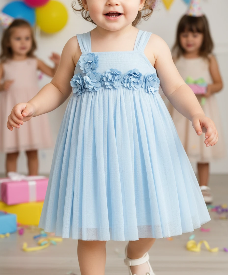 Toddler in a light blue sleeveless dress with a gathered tulle skirt and floral appliques at the waist, standing at a party.