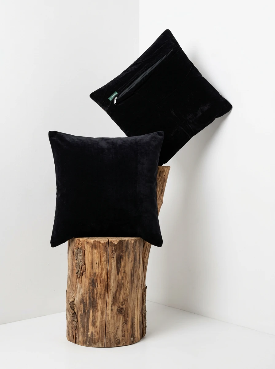 Two square black velvet cushions displayed on a wooden tree stump in a corner with white walls.