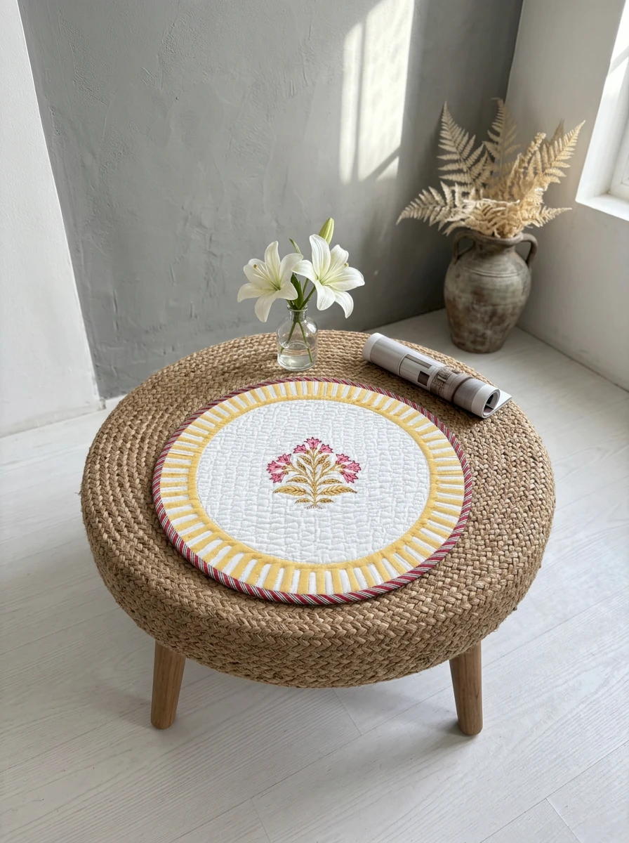Round quilted table mat with pink floral center and yellow border on woven jute pouf.