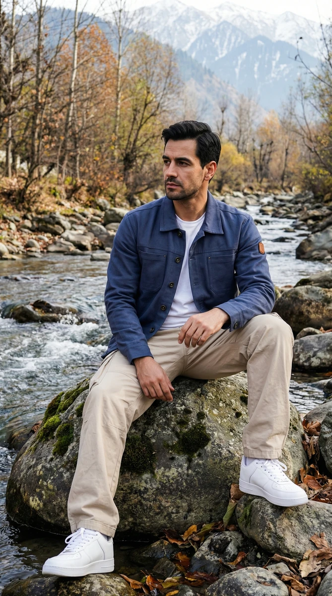 Man wearing a blue jacket, white t-shirt, and beige trousers sitting on a mossy rock by a stream with mountain background.