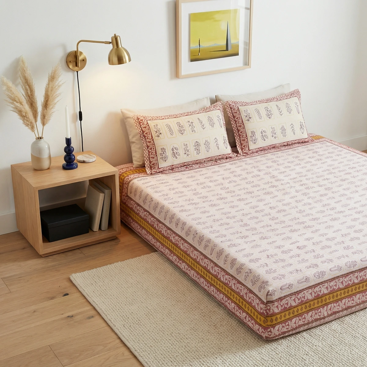 Voila bed sheets with pink floral block print patterns and matching pillowcases in a bedroom setting.