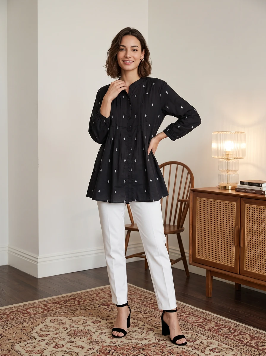 Model wearing a black embroidered tunic top and white trousers in a bright room.