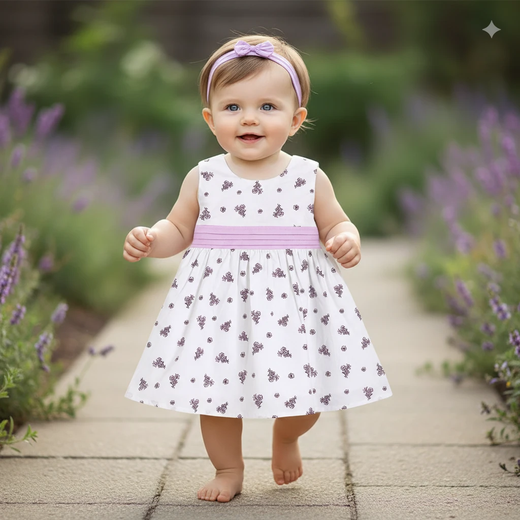 A smiling toddler wearing a white floral dress with a lavender band and matching headband, walking barefoot on an outdoor stone path.