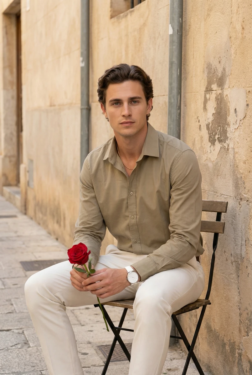 Man wearing olive green long-sleeve shirt and white pants, sitting on outdoor chair holding a red rose.