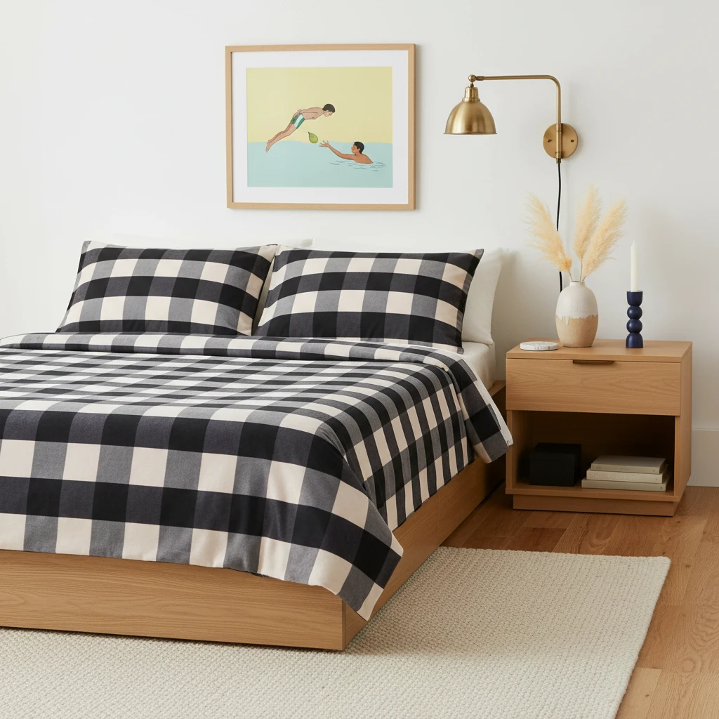 Black and white buffalo check bed sheets on a wooden bed frame in a brightly lit bedroom.