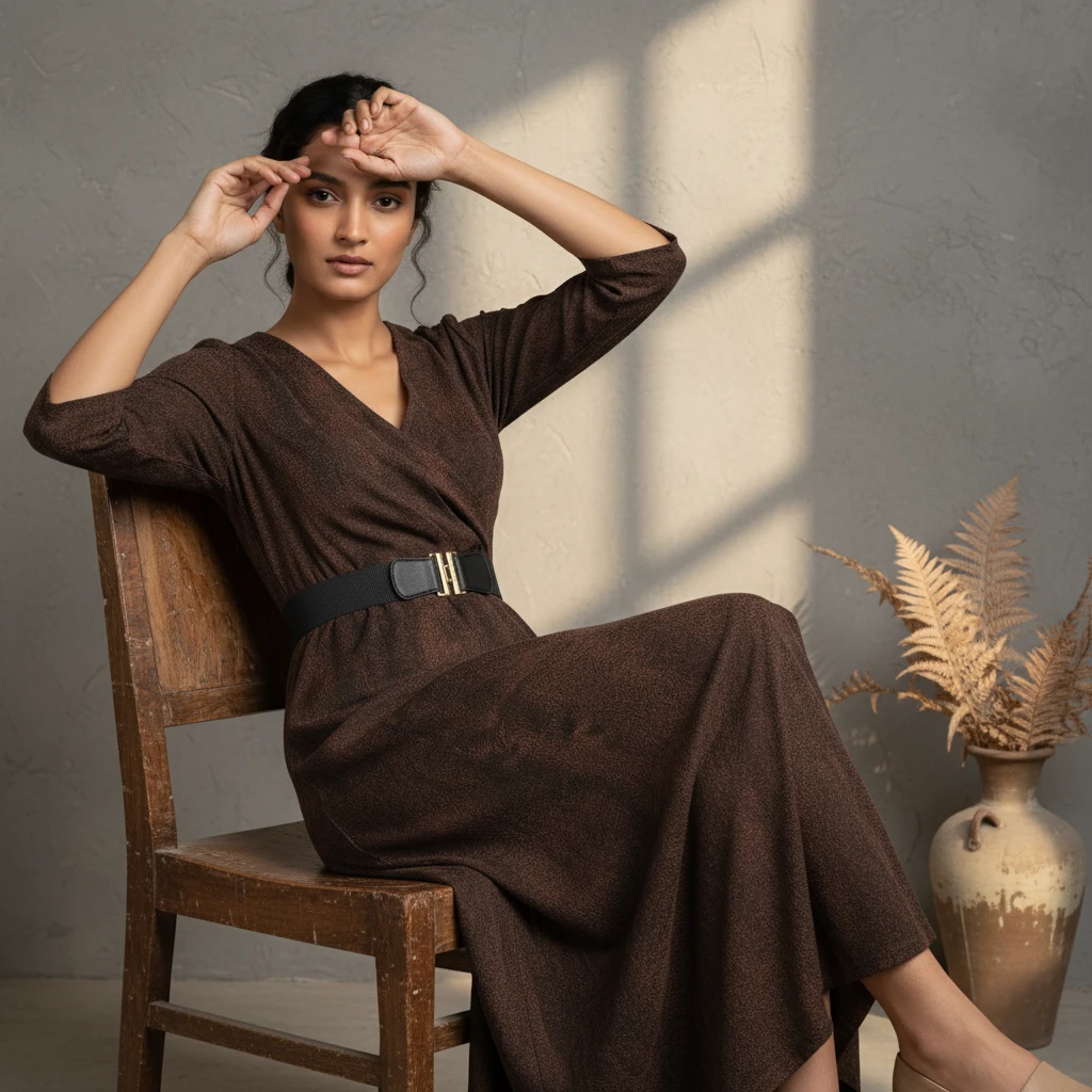 Woman in brown midi wrap dress with black belt seated on wooden chair.