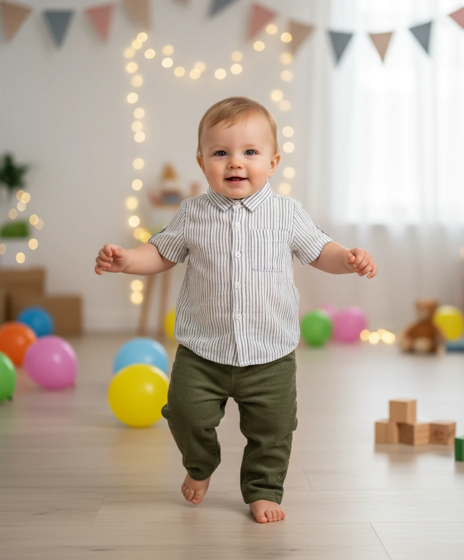 Toddler in a striped short-sleeve shirt and green pants walking barefoot in a playroom with balloons and lights.